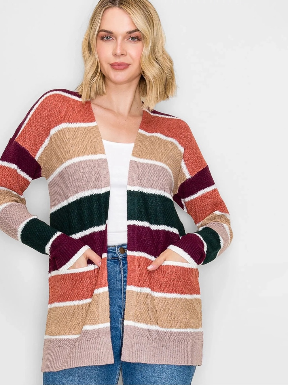 Staccato Striped Open-Front Color Block Cardigan in Burgundy/Forest Wantable